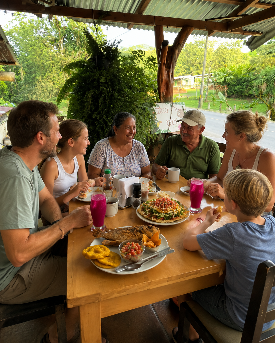 A family sharing fresh fish, tostadas, and dragonfruit smoothies with the cooks at a local Venado soda