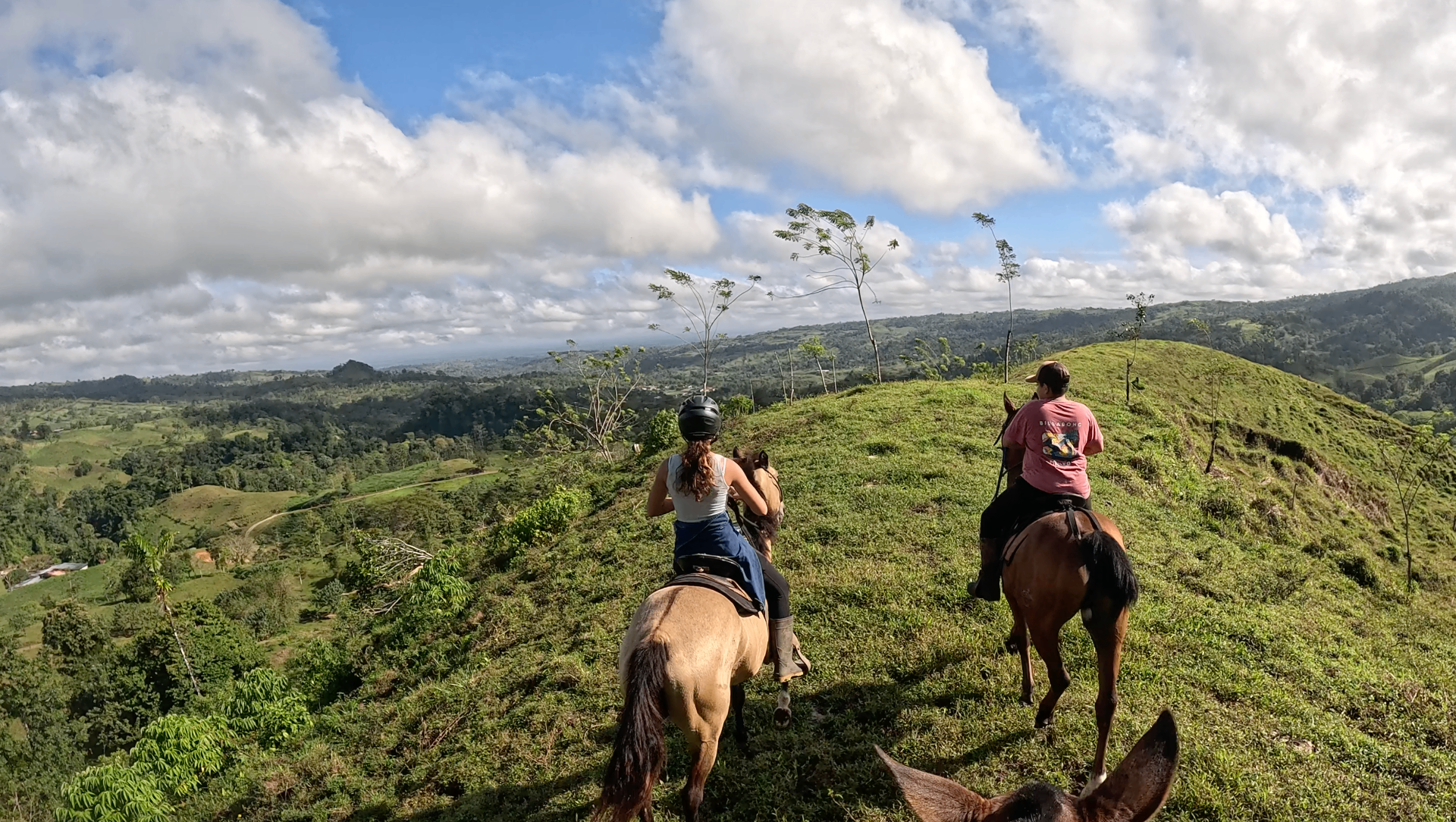 Two riders on horseback cresting a green ridge with sweeping views of the Venado valley