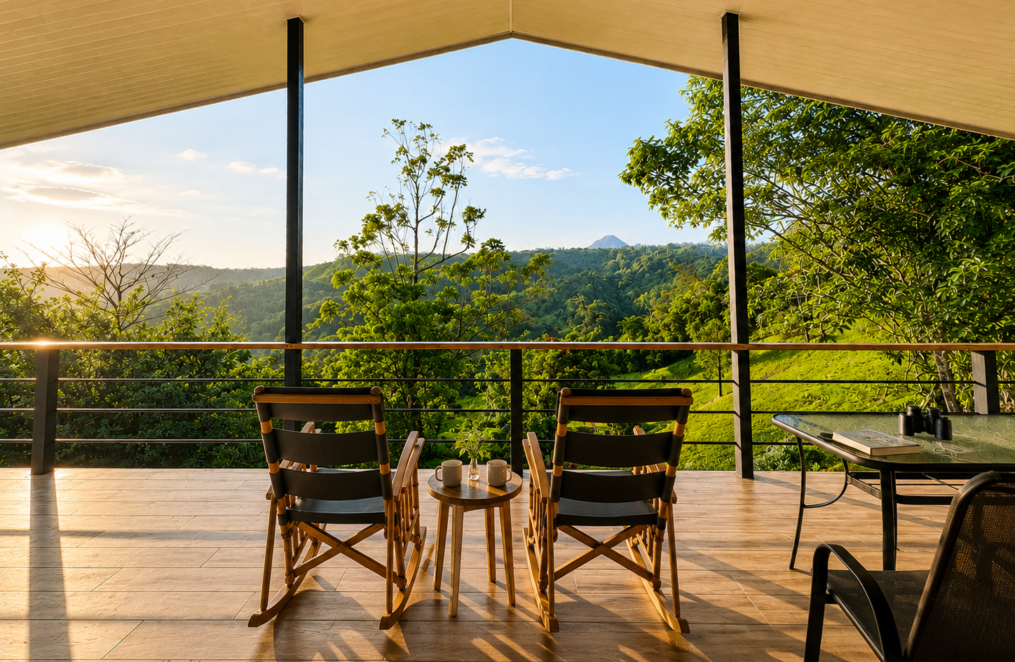 Sunrise view from the Casa Venado deck with coffee and rocking chairs overlooking the valley